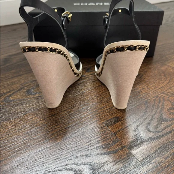 Chanel Black Leather Chain Link CC Wedge Ankle Strap Sandals - Picture 5 of 7